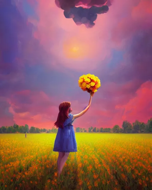 Image similar to girl with a giant carnation as face, surreal photography, flower field, sunset dramatic light, impressionist painting, colorful clouds, blue sky, digital painting, artstation, simon stalenhag