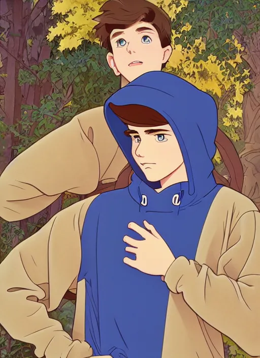 Image similar to teen boy with brown hair and big blue eyes, wearing a hoodie, natural lighting, path traced, highly detailed, high quality, cartoon, digital painting, by don bluth and ross tran and studio ghibli and alphonse mucha