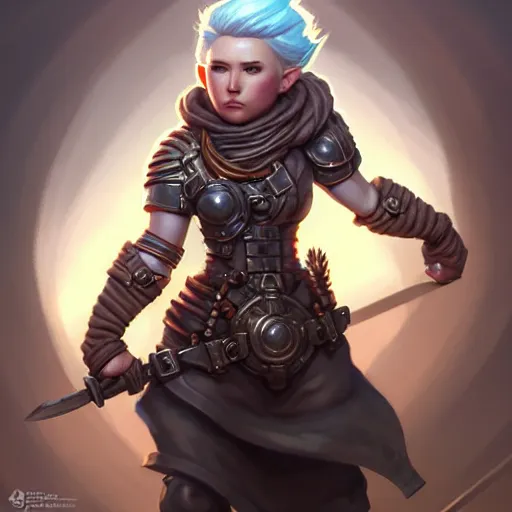 Prompt: muscular female gnome engineer artificer, metal gauntlet, black undercut hairstyle, naval landscape, full body portrait, d & d, fantasy, intricate, elegant, highly detailed, digital painting, artstation, centred, rule of thirds, concept art, matte, sharp focus, illustration, cover by artgerm, art by greg rutkowski