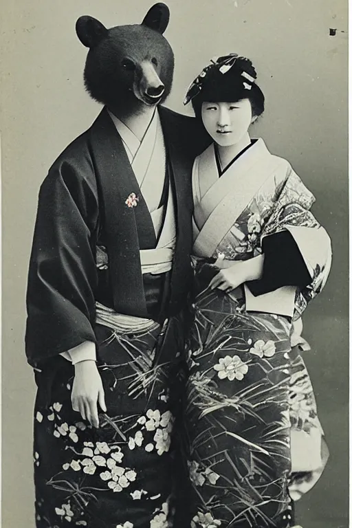 Prompt: anthropomorphic asian black bear in traditional Japanese mens clothing, posing with Japanese girl in kimono, 1900s photo