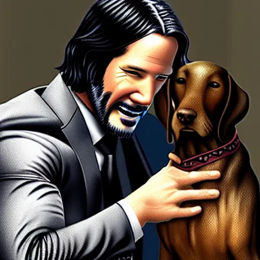 Prompt: John Wick Smiling and Playing with His Dog