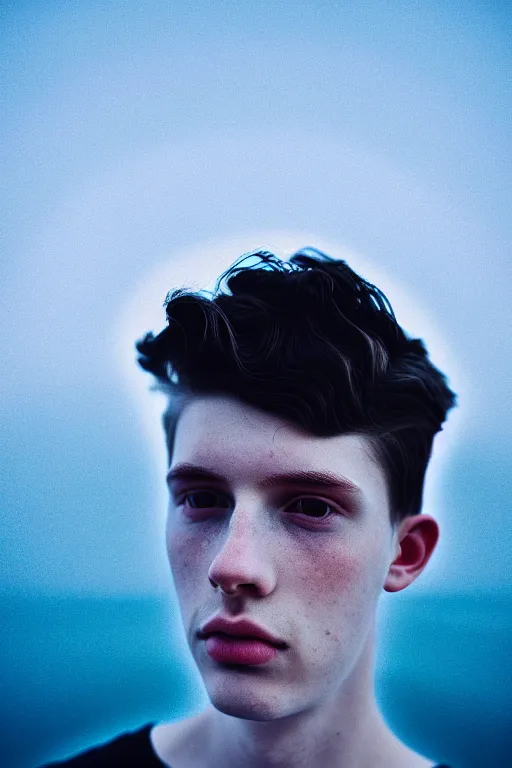 Image similar to high quality pastel coloured film mid angle selfie photograph of a beautiful young 2 0 year old male, soft features, black hair, standing in an icelandic black rock environment. atmospheric. three point light. photographic. art directed. ( pastel colours ). volumetric light. stark. waves glitch. 8 k. filmic.