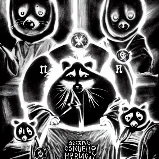 Image similar to 1 9 7 0's award winning sci - fi movie, a group of raccoons wearing dark cult robes look towards the camera in surprise and anger as they perform a dark occult evil ceremony inside the secret lair of an underground mystery cult, dramatic candlelight, pentagrams, ultra - detailed, photorealistic, 4 k