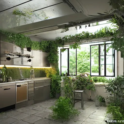Image similar to unusual kitchens, overgrown with vegetation model inside crystal ball, octane render hyperdetailed,