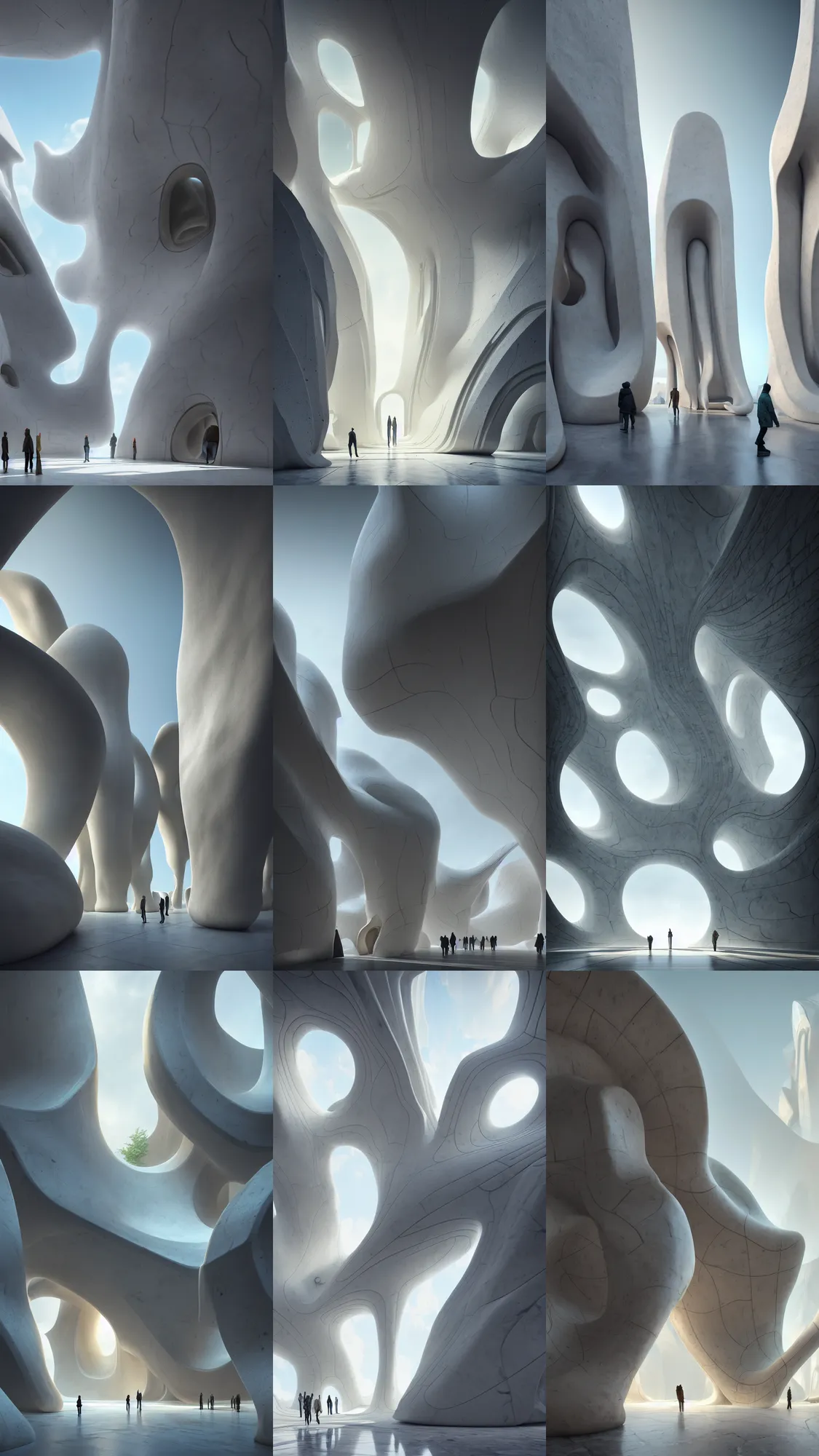 Prompt: the inside of a stone marble sculpture monument by tim blandin and arthur haas and bruce pennington and john schoenherr, big pods, big windows architecture by zaha hadid, octane render, warm colour scheme, white, cinematic, scenery, cgsociety, modernism, futuristic, artstation, high detail, high quality, close up angle, people walking