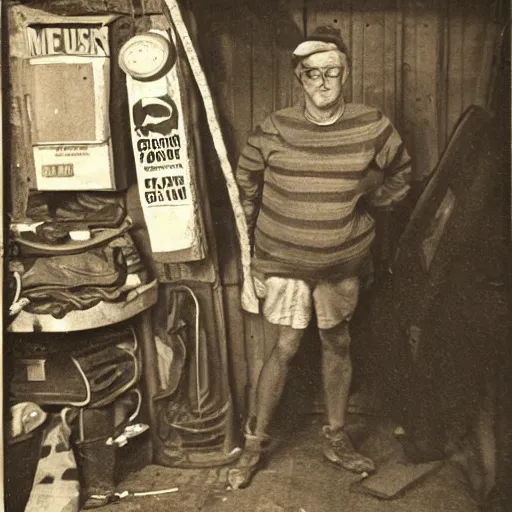 Image similar to mollusk man, posing in his garage, detailed photo