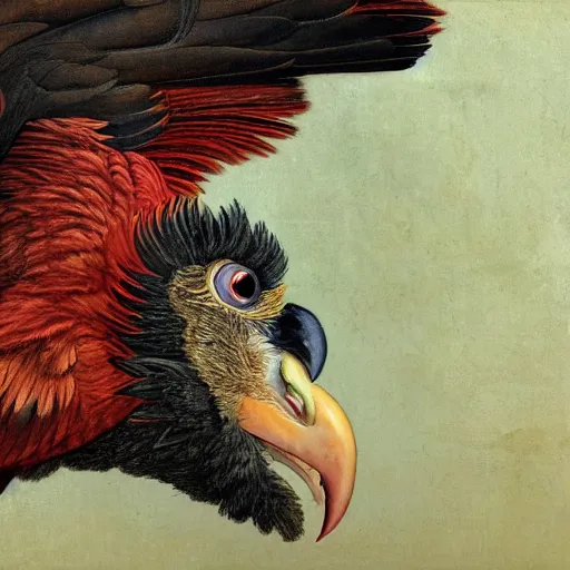 Prompt: a side portrait of a red bearded vulture gryphon, award winning, in the style of roberto ferri, Arnold bocklin, and austin osman spare, a fantasy gryphon, highly detailed