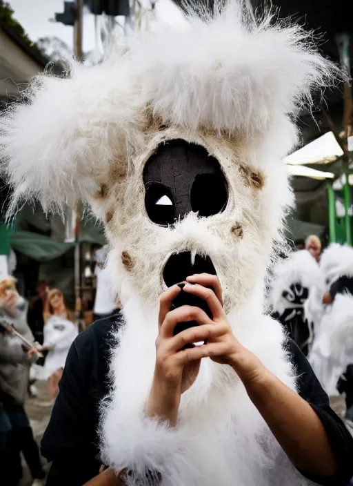 Prompt: documentary photo ordinary people wearing white fluffy hairy carnivals costumes, wearing wooden masks of birds, reportage photography, scientific photography, noise, ultra realistic,