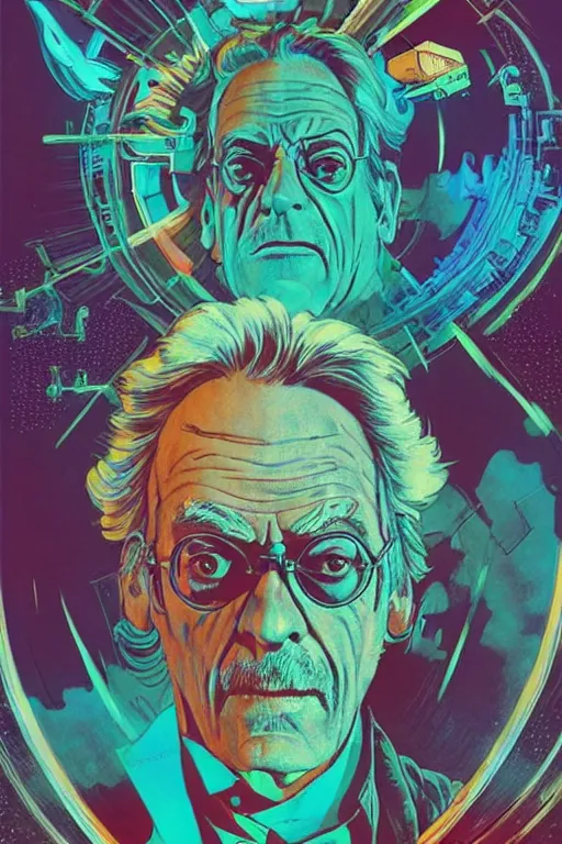 Image similar to Christopher Lloyd as Rick Sanchez, science fiction, retro cover, high details, intricate details, by vincent di fate, artgerm julie bell beeple, 60s, inking, vintage 60s print, screen print