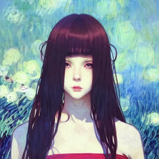 Prompt: a beautiful youth teenage psychotic skinny popular girl in school, angry eyes, soft skin, magnificent art by ilya kuvshinov, claude monet, range murata, artgerm, norman rockwell, alphonse mucha, highly detailed intricately sharp focus, bedroom eyes trending on pinterest, tiktok 4 k uhd image