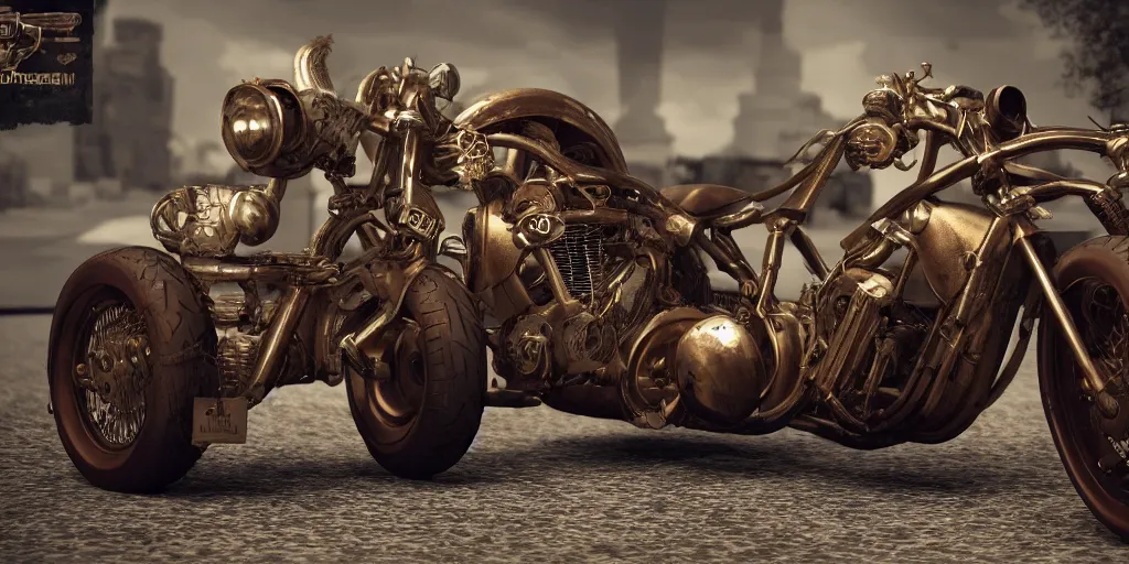 Prompt: steampunk american muscle motorcycle, photorealistic, 3 d rendering, cute, unreal engine, bokeh