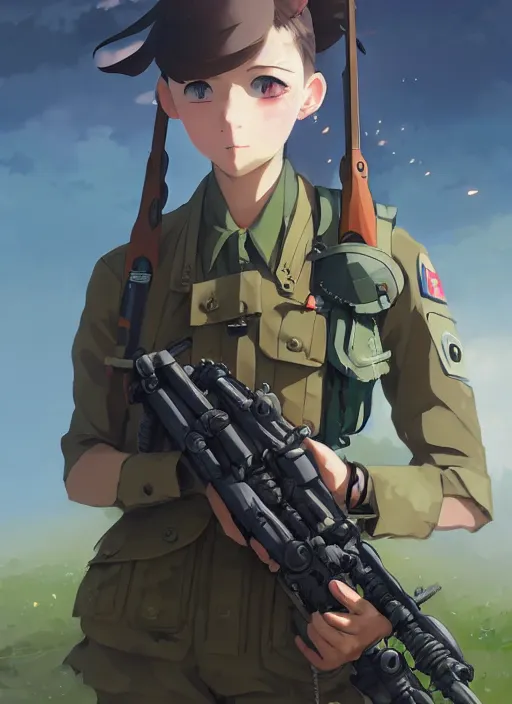 Prompt: portrait of cute soldier girl, cloudy sky background lush landscape illustration concept art anime key visual trending pixiv fanbox by wlop and greg rutkowski and makoto shinkai and studio ghibli and kyoto animation soldier clothing military gear realistic anatomy mechanized modern warfare