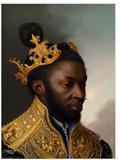 Image similar to rococo portrait of a black prince wearing a golden crown with pastel flowers, symmetrical, realistic, 8 k, digital painting, art by krenz cushart, kehinde wiley, artem demura