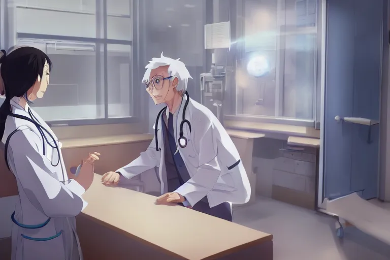 Image similar to a cute young female doctor wearing white coat are talking with an old surgeon in a hospital, slice of life anime, lighting, anime scenery by Makoto shinkai