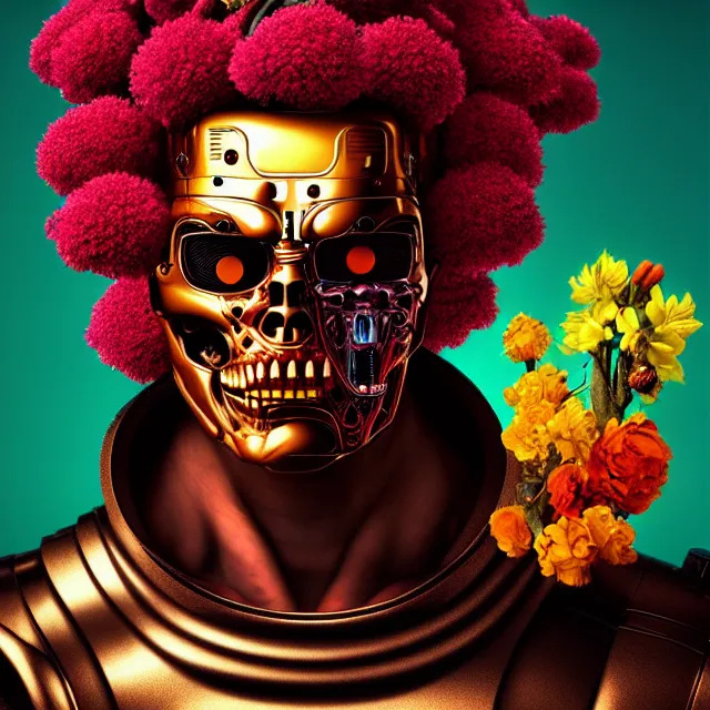 Image similar to bizarre surreal renaissance portrait of the terminator with a a flower afro made out of various flowers, eating flowers, dramatic cinematic lighting, bold colors, 8 k, beautiful intricate painting, hyper realistic, octane render