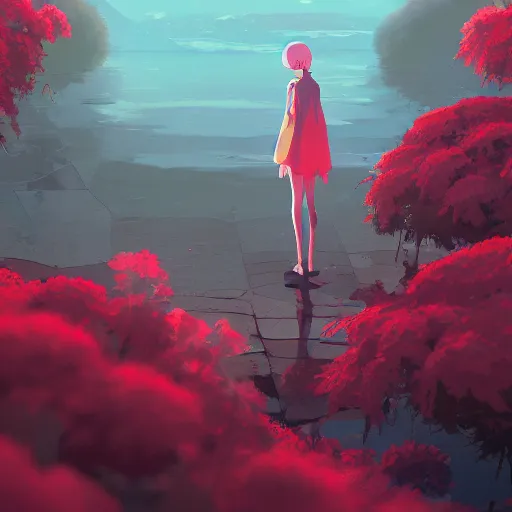 Prompt: crimson rain sought flower, highly detailed, intricate, sharp focus artstation, digital painting, by makoto shinkai and thomas kindle and james gilleard