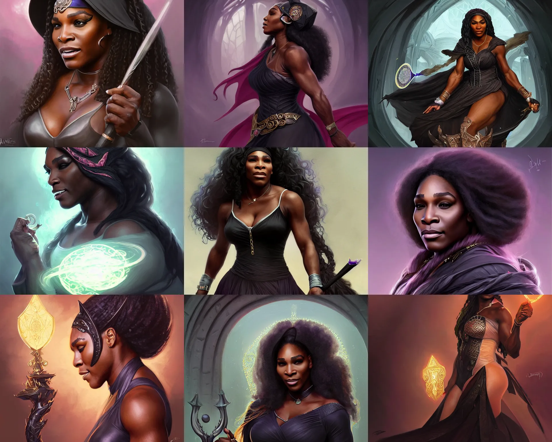 Prompt: mindblowing, serena williams as a female warlock, black wizard hat, deep focus, d & d, fantasy, intricate, elegant!!, beautiful, highly detailed, digital painting, artstation, concept art, matte, sharp, illustration, hearthstone, art by artgerm and greg rutkowski and alphonse mucha