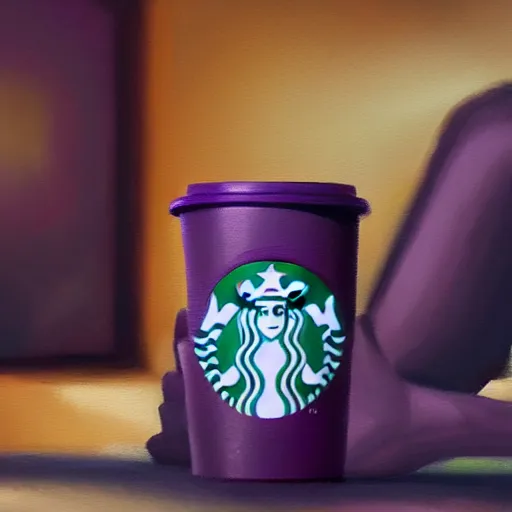 Image similar to thanos working at starbucks, oil painting, octane render