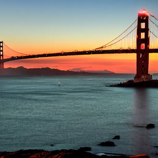 Prompt: a photo of a airplane flying under golden gate bridge at dusk