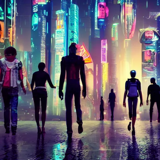 Prompt: photo of teenagers traveling between multiverses in cyberpunk future city