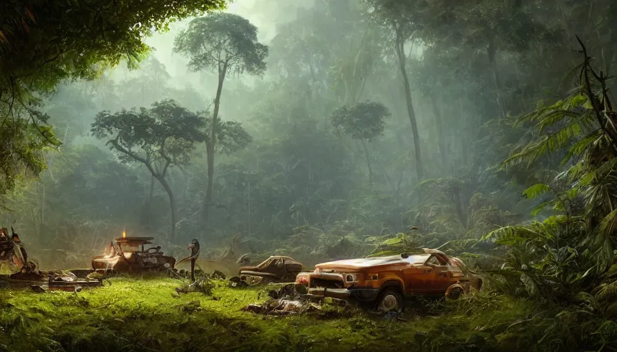 Image similar to a beautiful painting of an archaeological excavation of a smoking crashed ufo, in a lush jungle, ray traced lighting by kalin popov and greg rutkowski