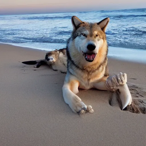 Image similar to professional photo of a shark body and canine wolf head half wolf half shark strange chimera discovered on the beach