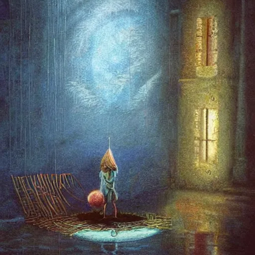 Image similar to beautiful scene from a dream. digital artwork by vincent bons, michael whelan, remedios varo and gerardo dottori. grainy and rough. interesting pastel colour palette. beautiful light. oil and water colour based on high quality render.