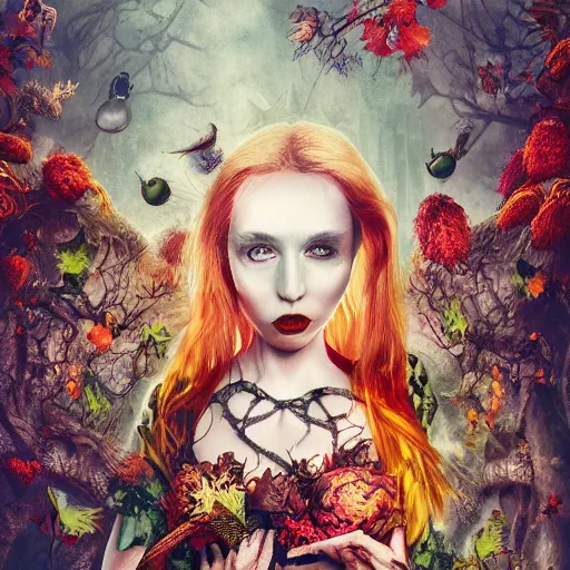 Image similar to Hell and heaven, captured in bottles, a heart full of envy, The Autumn Plague Gardener, the theme of Alice in Wonderland, digital painting, its softness partakes of fluidity, illustration, deep dark, artstation, intricate, biodiversity in a world of change and constancy, ue5, by deiv calviz and bossmonsterbani