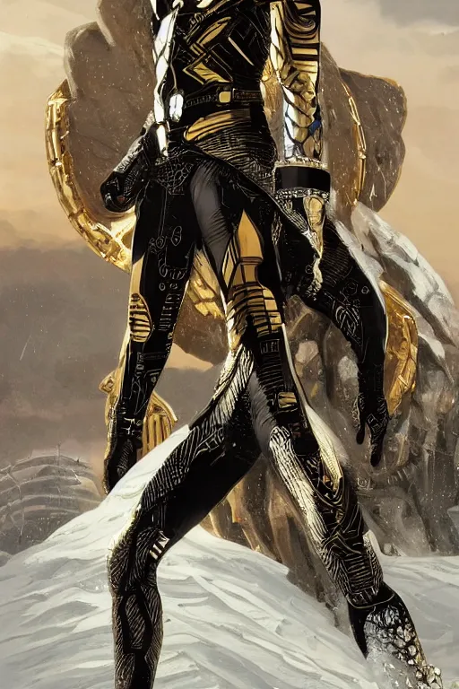 Image similar to ultra realistic illustration, wakandan warrior in white and gold suit standing in a heroic pose in the snowy mountain, hacknaut cyberpunk, sci - fi, fantasy, intricate, elegant, highly detailed, digital painting, artstation, concept art, smooth, sharp focus, illustration, art by artgerm and greg rutkowski and alphonse mucha