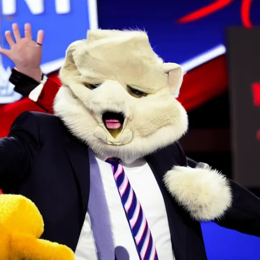 Prompt: donald trump putting on a furry suit