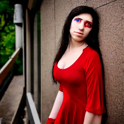 Image similar to Kevin Mitnick in a red dress, grungy, unkept hair, glowing eyes, modelsociety, radiant skin, huge anime eyes, RTX on, perfect face, vogue, directed gaze, intricate, Sony a7R IV, symmetric balance, polarizing filter, Photolab, Lightroom, 4K, Dolby Vision, Photography Award