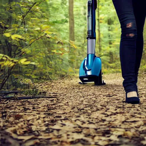 Prompt: lady walking a vacuum in a scary wood