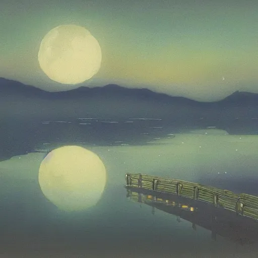 Image similar to a moonlit lake. by yoshitaka amano.