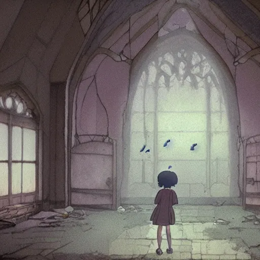 Image similar to ghost of a young girl, a burnt out church, wisps of smoke, photorealism, cel shaded, studio ghibli, hayao miyazaki