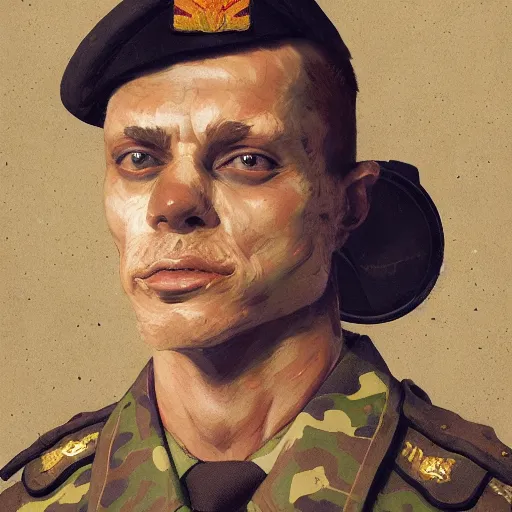 Image similar to Portrait figure study ripped physique kitty cat general camouflaged as a kitty cat man wearing a military officer uniform jean helion greg rutkowski Dan Witz norman rockwell victo ngai