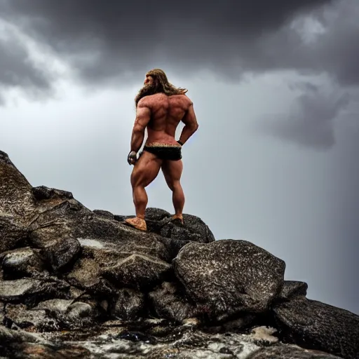 Image similar to cinematic shot of a muscular viking with a large beard standing on a rocky cliff with cloudy stormy weather in the sky, 8 k, very intricate, very detailed,