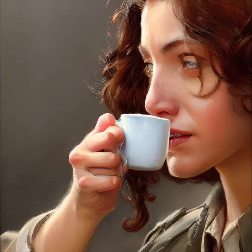 Prompt: an portrait of an female medic drinking coffee, detailed, centered, digital painting, artstation, concept art, donato giancola, Joseph Christian Leyendecker, WLOP, Boris Vallejo, Breathtaking, 8k resolution, extremely detailed, beautiful, establishing shot, artistic, hyperrealistic, beautiful face, octane render