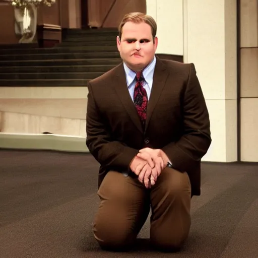 Image similar to Andy Richter wearing a brown suit and necktie kneeling on the ground on both knees with a pleading look on his face.