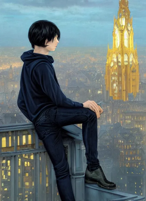 Image similar to handsome young man with short black hair, glowing light blue eyes, pale skin, wearing jeans and a black hoodie, detailed night time cityscape background, realistic painting by ross tran and gerald brom and alphonse mucha, ilya kuvshinov, svetlana tigai, artgerm, trending on artstation