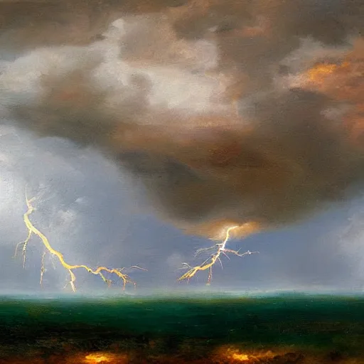 Image similar to thunderstorm with lots of lightning, oil painting