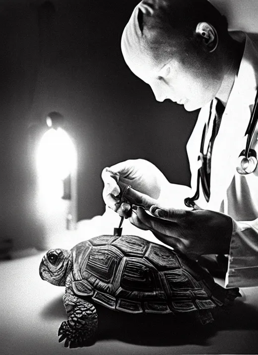 Image similar to doctor examining a small tortoise under bright operating room lights, closeup, 2 4 mm wide angle, technicolor