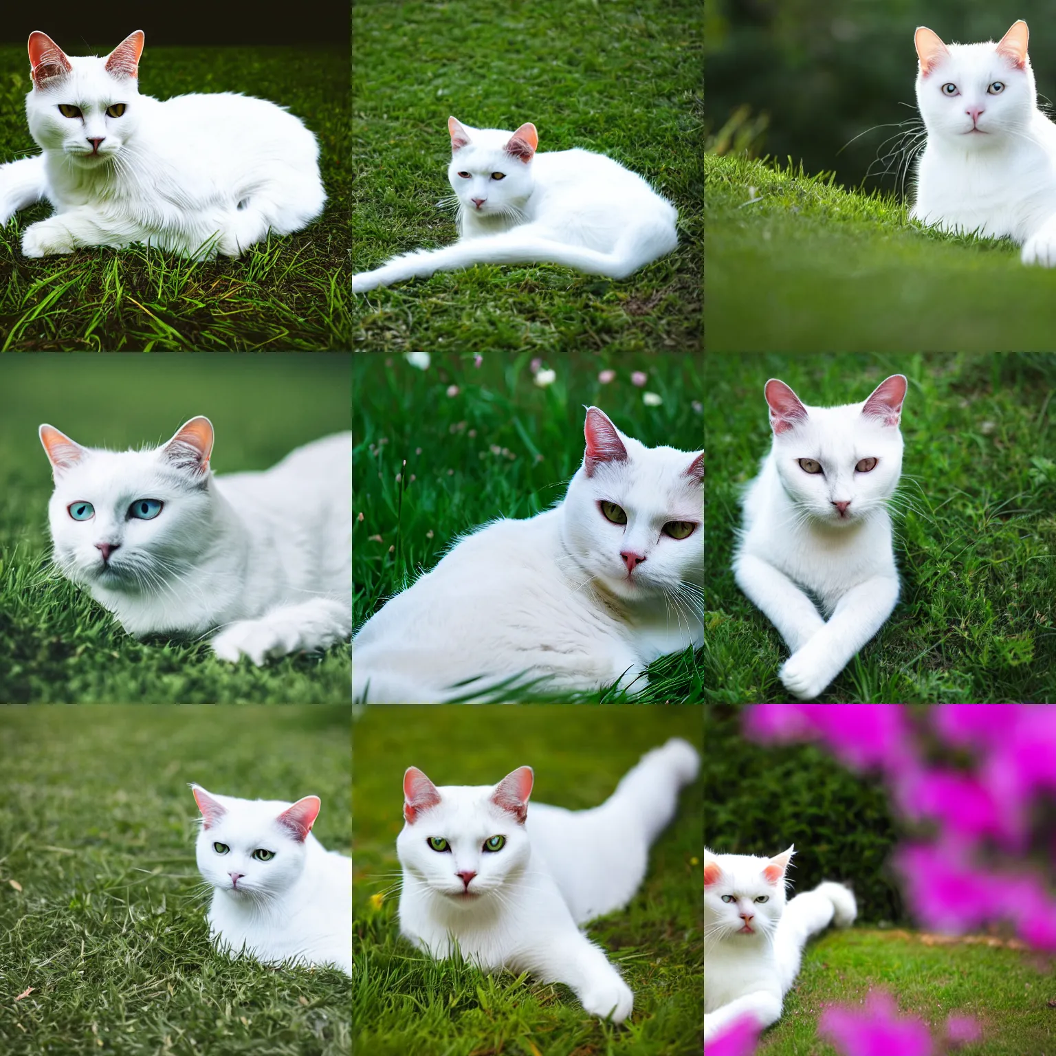 Prompt: white cat laying on grass