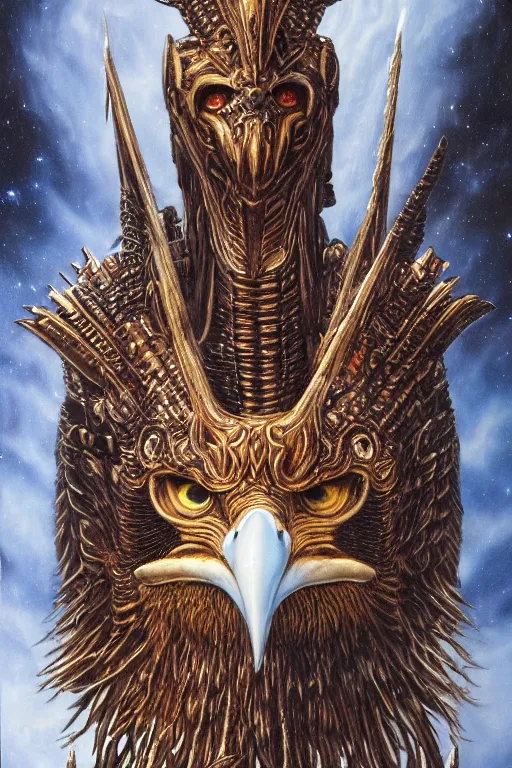 Image similar to sideview waist up portrait of eagle wear baphomet armor made with porcelain by jeff easley and peter elson, beautiful eyes and face, symmetry face, galaxy, gothic, surreal, dread, highly detailed, intricate complexity, epic composition, magical atmosphere, masterpiece, award winning, trending on artstation