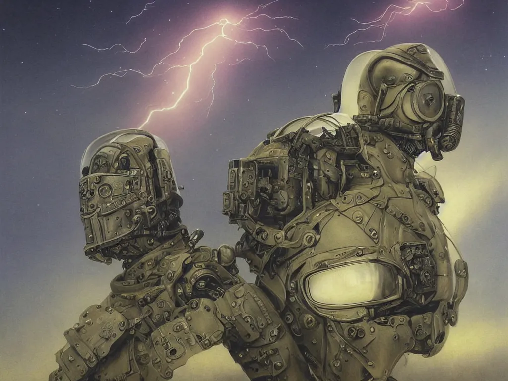 Image similar to a detailed portrait painting of a science fiction pilot in combat armour and visor. Smoke. cinematic sci-fi poster. Cloth and metal. Flight suit, accurate anatomy portrait symmetrical. science fiction theme with lightning, aurora lighting clouds and stars. Futurism by beksinski carl spitzweg moebius and tuomas korpi. baroque elements. baroque element. intricate artwork by caravaggio. Oil painting. Trending on artstation. 8k
