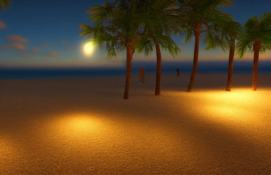 Prompt: on the beach by the sea, at night, unreal engine rendering, with light and shadow