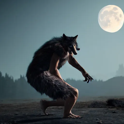 Prompt: young man transforming into a feral werewolf under the moon with black soft realistic fur, ultra detail, unreal engine, 8 k