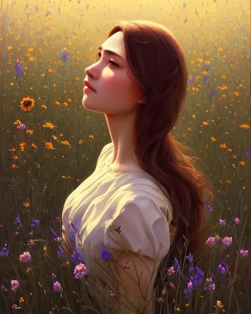 Image similar to stylized portrait of an artistic pose, composition, young lady sorrounded by nature, meadow, flowers, realistic shaded, fine details, realistic shaded lighting poster by ilya kuvshinov, magali villeneuve, artgerm, jeremy lipkin and michael garmash and rob rey