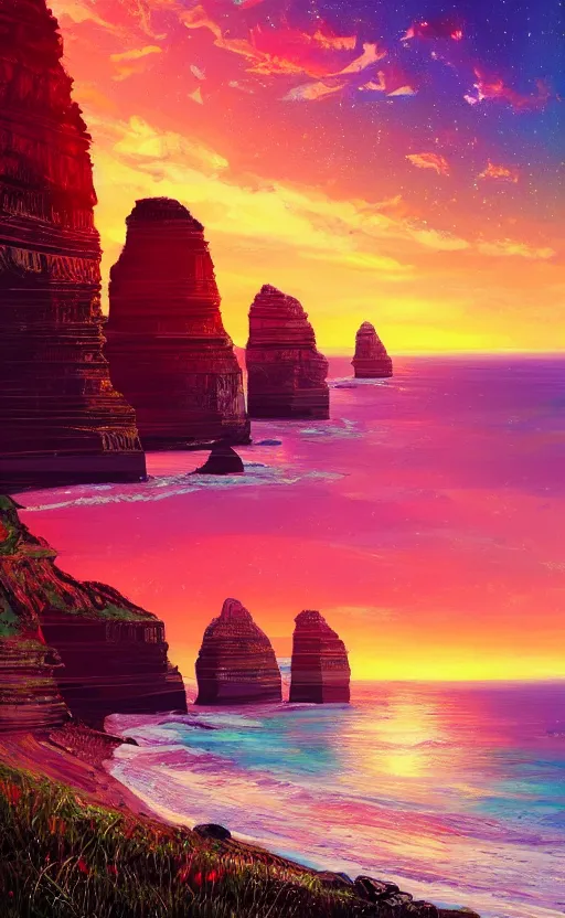 Image similar to a beautiful illustration of twelve apostles at sunset, art of alena aenami, featured on artstation, vertical orientation, paint brush strokes, expressionism, brushstroke - laden, breathtaking clouds, birds, ocean, beautiful stars, long exposure, gigantic sun, airy theme, red purple gradient, lens flare