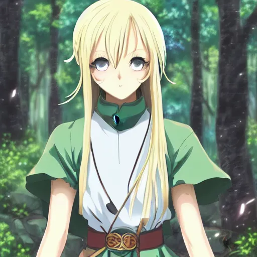 Prompt: blonde anime knight 4 3 2 5, standing in a forest, finely detailed features perfect art anime illustration trending on pivix fanbox art by makoto shinkai, studio ghibli, takashi takeuchi, hajime isayama