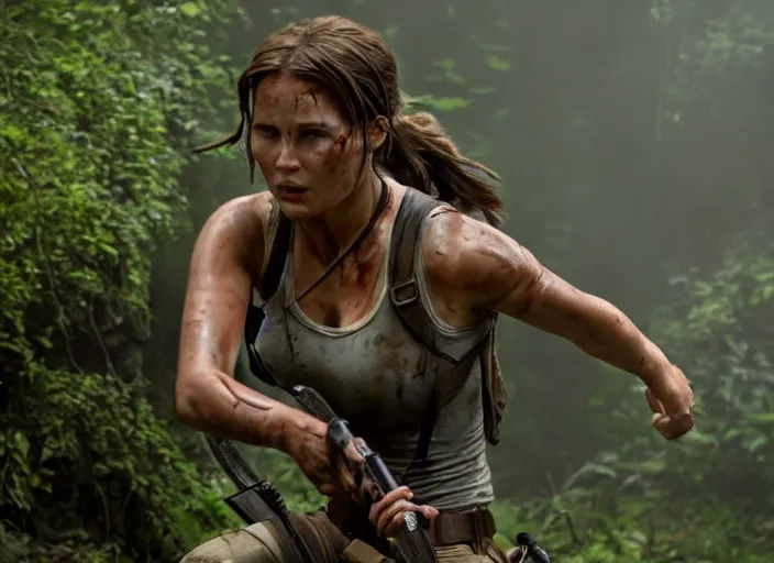 Image similar to film still of!!!! daisy edgar jones!!! as lara croft in new tomb raider movie, 8 k